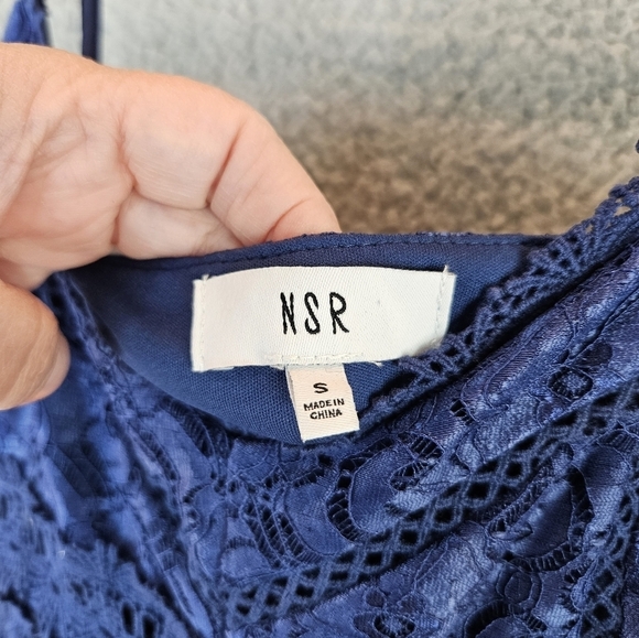 NSR Womens Provance Blue Navy Lace Mini Dress Sz S Adj. Straps Stretch flare - Picture 7 of 13